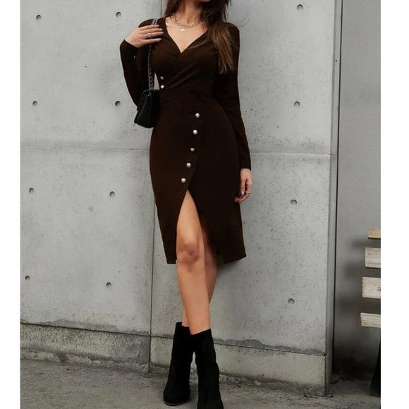 Boho navy blue button detail asymmetrical hem wrap dress - Picture 5 of 14